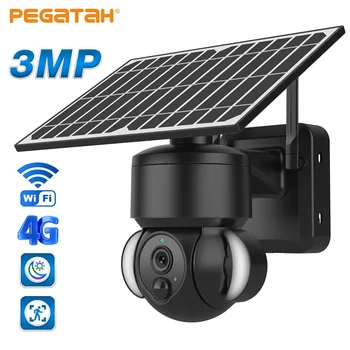 PEGATAH 3MP 4G WIFI Солнечная камера на открытом воздухе PIR Обнаружение человека 12000 мАч Перезарядка батареи Беспроводные камеры видеонаблюдения PTZ