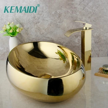 Керамическая раковина для ванной комнаты KEMAIDI, Позолоченный кран из цельной латуни, набор кранов, Чаша, сосуд, раковина для умывания с комбинированным сливом