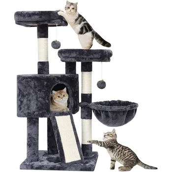 Яркое кошачье дерево SYANDLVY для домашних кошек, современная игровая площадка для кошек с насестом, подвесной мяч для игр (дымчатый)