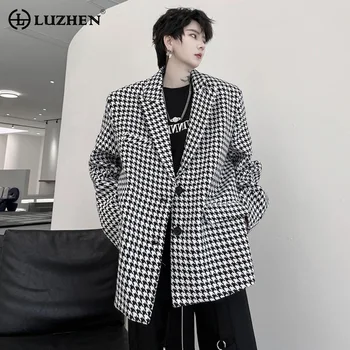 LUZHEN 2024 Весенняя Корейская мода Элегантный Клетчатый Свободный Повседневный пиджак Мужской Оригинальный Модный Универсальный Роскошный блейзер Пальто 53b0df