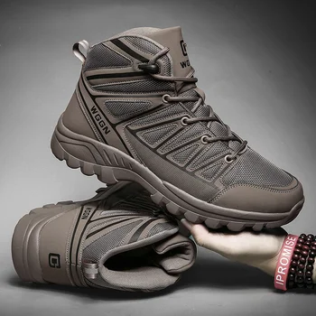 Мужские походные ботинки с высоким берцем, зимняя уличная обувь, нескользящие спортивные ботинки на шнуровке, повседневные треккинговые кожаные ботинки, мужские водонепроницаемые Изображение 2