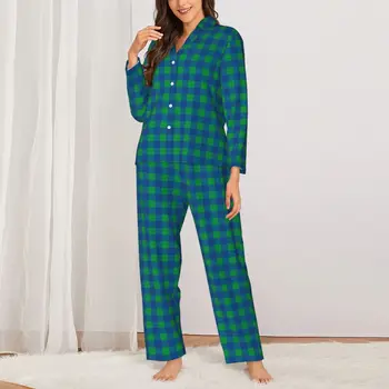 Женская пижама в зеленую клетку с винтажным клетчатым принтом, прекрасная повседневная пижама на осень, 2 предмета, пижамные комплекты с винтажным рисунком большого размера