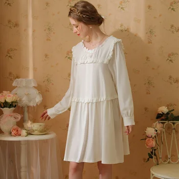 Осенняя винтажная хлопковая ночная рубашка, женское милое ночное платье с круглым вырезом, ночная рубашка Феи с длинным рукавом, пижамы принцессы, пижамы