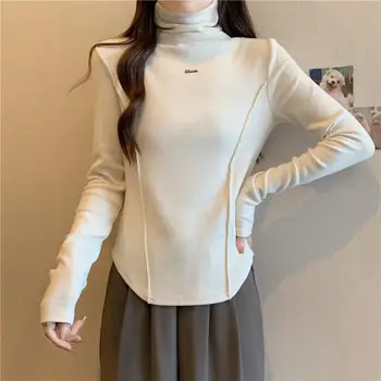 Женский осенне зимний модный Элегантный пуловер с высоким воротом, однотонная нижняя рубашка с длинными рукавами, Универсальные топы в западном стиле.