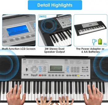 61-клавишная клавиатура пианино, Электрическая клавиатура пианино для начинающих, Поддерживает MP3 / USB MIDI /микрофон Изображение 5