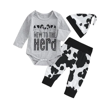 Осенне-зимняя одежда для новорожденных мальчиков с длинным рукавом, комбинезон New To The Herd, штаны в коровьем пятнышке, шляпа в стиле Вестерн, одежда для дома Изображение 1