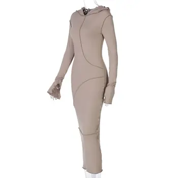Складки Миди Платье с капюшоном Y2K Винтажный дизайн Wasteland Платье с длинными рукавами Облегающее Ощущение Облегающей бедра длинной юбки Фотография Изображение 0