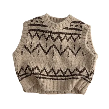 Осень-Зима, Новый детский жилет без рукавов, вязаный утепленный пуловер для маленьких девочек, Модный Повседневный жаккардовый свитер для мальчиков, Детская одежда Изображение 4