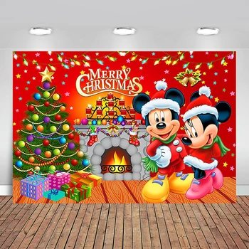 Красный Рождественский фон для рождественской тематической вечеринки с Микки Маусом Рождественские Фотофоны Рождественский баннер у камина