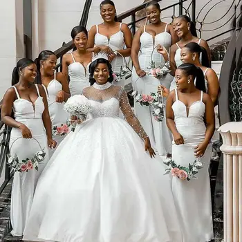 Бальное платье Нигерийское свадебное платье С высоким воротником и жемчугом, Атласное свадебное платье с длинным рукавом, Плюс Размер Африканских свадебных платьев