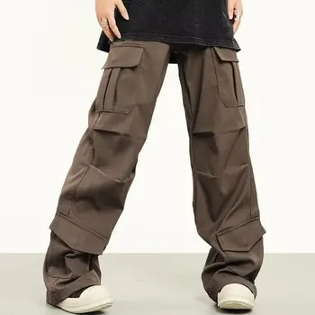 Модные повседневные прямые брюки High Street с множеством карманов, свободные брюки-карго с тяжелым дизайном, мужские и женские брюки