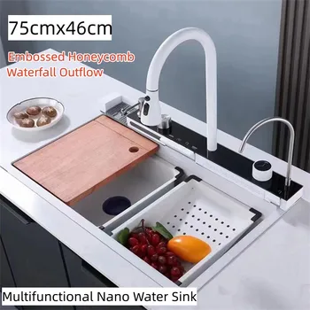 Белая нанофункциональная кухонная раковина из нержавеющей стали 304 с большой мойкой, встроенный кухонный цифровой смеситель с водопадом