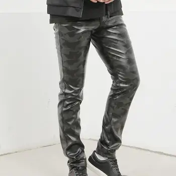 Модные мужские брюки-карандаш из искусственной кожи, зимние кожаные брюки, эластичные тонкие мужские кожаные брюки для дома Изображение 0