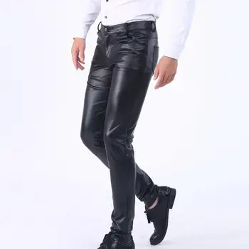 Модные мужские брюки-карандаш из искусственной кожи, зимние кожаные брюки, эластичные тонкие мужские кожаные брюки для дома Изображение 1