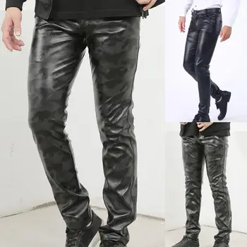 Модные мужские брюки-карандаш из искусственной кожи, зимние кожаные брюки, эластичные тонкие мужские кожаные брюки для дома Изображение 2