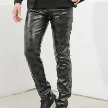 Модные мужские брюки-карандаш из искусственной кожи, зимние кожаные брюки, эластичные тонкие мужские кожаные брюки для дома Изображение 3