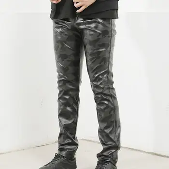 Модные мужские брюки-карандаш из искусственной кожи, зимние кожаные брюки, эластичные тонкие мужские кожаные брюки для дома Изображение 4