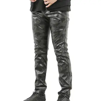 Модные мужские брюки-карандаш из искусственной кожи, зимние кожаные брюки, эластичные тонкие мужские кожаные брюки для дома Изображение 5