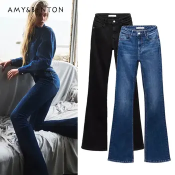Демисезонный Новый утягивающий Универсальный джинсовый комбинезон Модные прямые джинсы-клеш с высокой талией для женщин