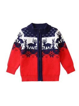 Зимнее вязаное платье-свитер с рисунком оленя, пальто на молнии с длинным рукавом, теплый осенний рождественский наряд для девочек