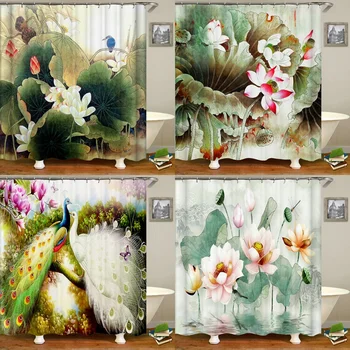 Цветы в китайском стиле Пейзажи с птицами Водонепроницаемая Занавеска для душа Занавески для ванны 3D Печать Ванная комната С Крючками Моющаяся Тканевая ширма