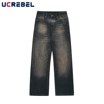Выстиранные потертые широкие джинсы, мужские уличные свободные брюки с прямыми штанинами, джинсовые брюки, мужские брюки Изображение 3