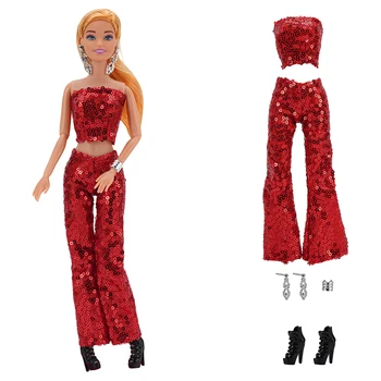 NK 1 Комплект блестящей летней одежды для кукол: красный топ + брюки + элегантные серьги + браслеты + черные туфли на высоком каблуке для куклы Барби