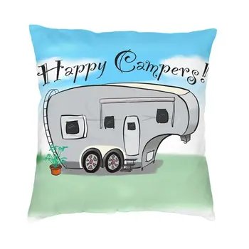 Персонализированный чехол для подушки Happy Campers 45x45 см, Декоративная подушка для кемпинга с принтом, двусторонняя для дивана