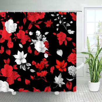 Красная цветочная занавеска для душа Акварельные цветы Серые листья Черный фон Декор для ванны Комплект штор для ванной из водонепроницаемой ткани Изображение 0