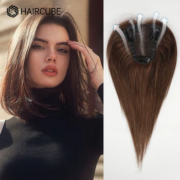 HAIRCUBE 100% Топперы из человеческих волос Remy, средняя часть, темно-коричневые пряди человеческих волос для женщин с филирующей заколкой для волос в топперах 12 дюймов