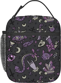 Фиолетово-серая изолированная сумка для ланча в стиле Magic Goth Spooky со съемной ручкой с пряжкой, переносной ланч-бокс, многоразовая сумка-тоут для бенто