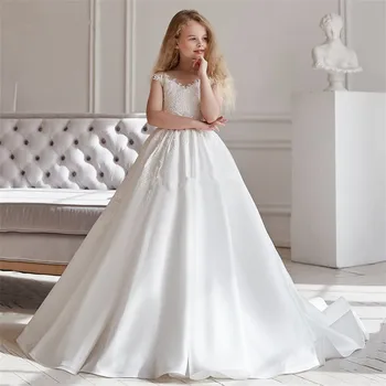 Белое платье с цветочным узором без рукавов, Кружевное атласное платье для свадьбы, Элегантное детское платье принцессы, Вечерние бальные платья для Первого Причастия