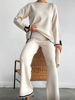 Женская трикотажная одежда из 2 предметов контрастного цвета, свободный свитер, комплект эластичных брюк, элегантный свитер в тон, уличная одежда, костюмы для йоги Изображение 0