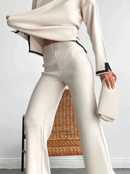 Женская трикотажная одежда из 2 предметов контрастного цвета, свободный свитер, комплект эластичных брюк, элегантный свитер в тон, уличная одежда, костюмы для йоги Изображение 2