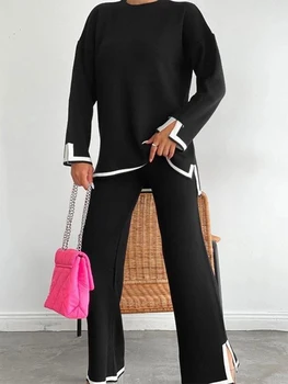 Женская трикотажная одежда из 2 предметов контрастного цвета, свободный свитер, комплект эластичных брюк, элегантный свитер в тон, уличная одежда, костюмы для йоги Изображение 4