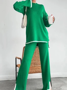 Женская трикотажная одежда из 2 предметов контрастного цвета, свободный свитер, комплект эластичных брюк, элегантный свитер в тон, уличная одежда, костюмы для йоги Изображение 5