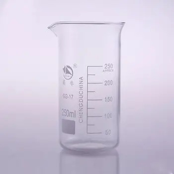 стакан высокой формы 250 мл, химический лабораторный прозрачный стакан из боросиликатного стекла, утолщенный, с носиком